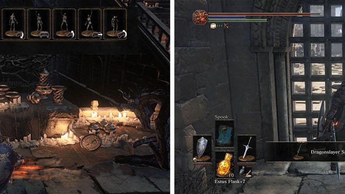 Use the Path of the Dragon gesture to obtain the Calamity Ring (left) and don’t miss the Dragonslayer Spear as you leave the area (right).