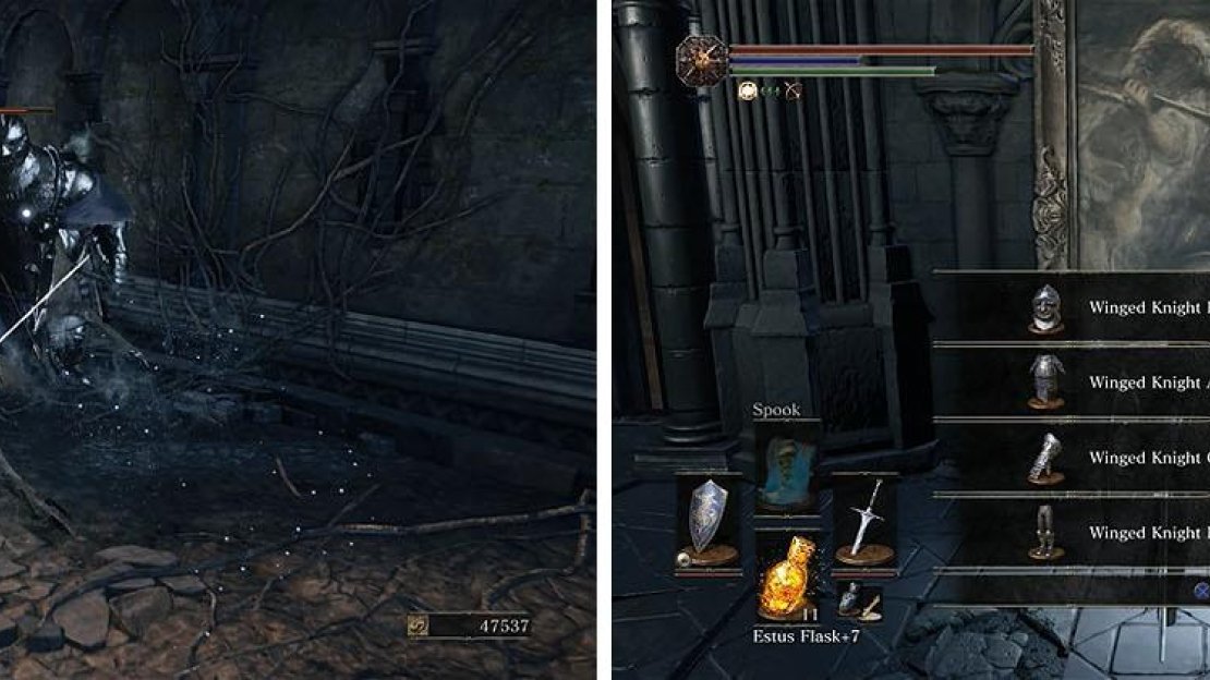The Winged Knight guards its own armor set upstairs, hidden behind a fake wall.