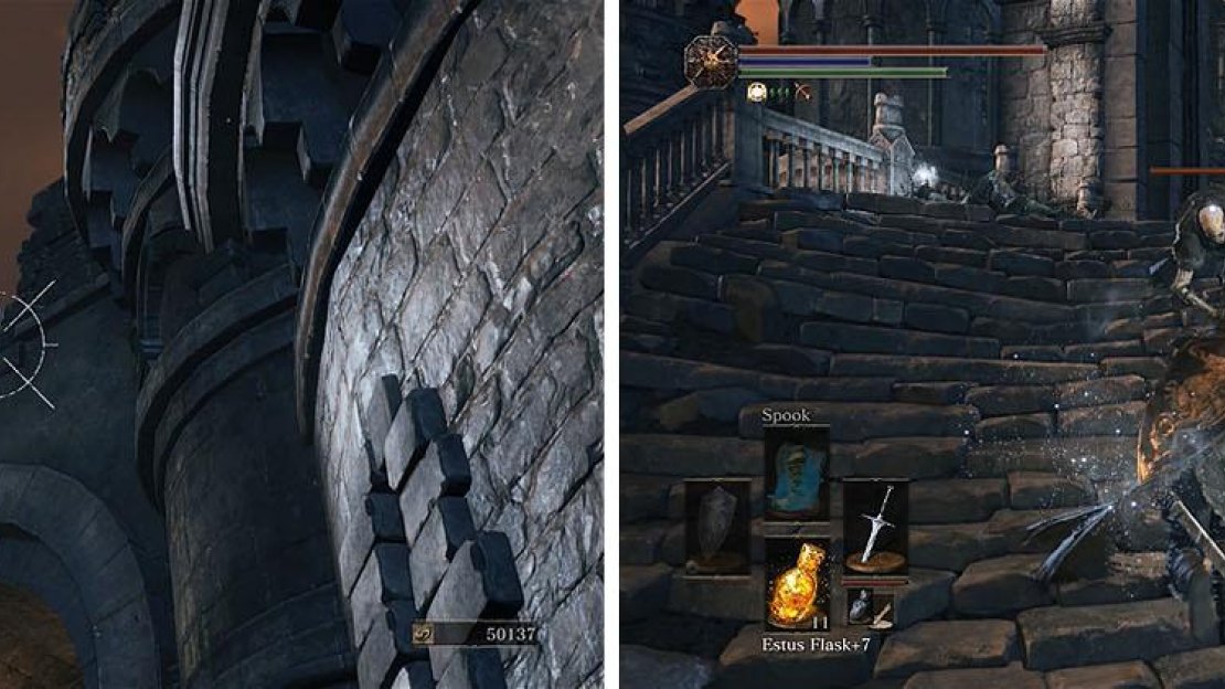 There are more Hollow Soldiers on the ledges above and the stairs ahead.