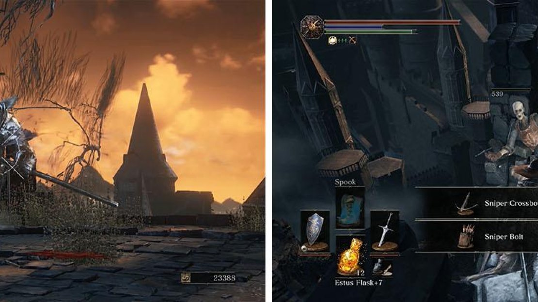 Another Winged Knight is ahead, so proceed with caution (left). On the other side, collect the crossbow and bolts (right).