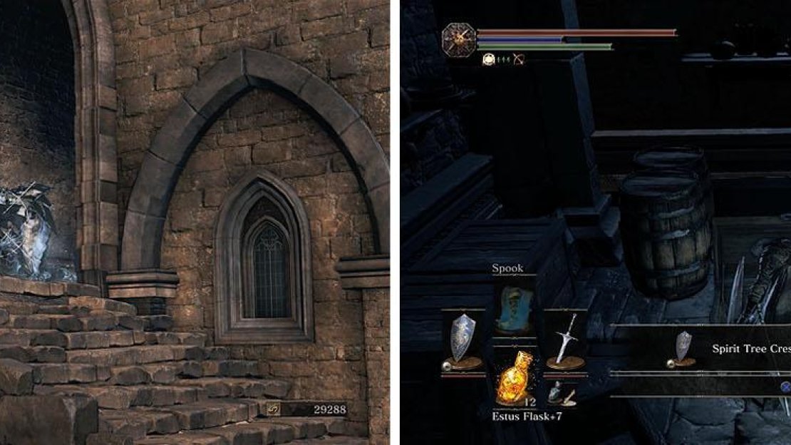 Pull the Boreal Knight upstairs so you have more room to maneuver (left) and then head downstairs and open the four chests (right).