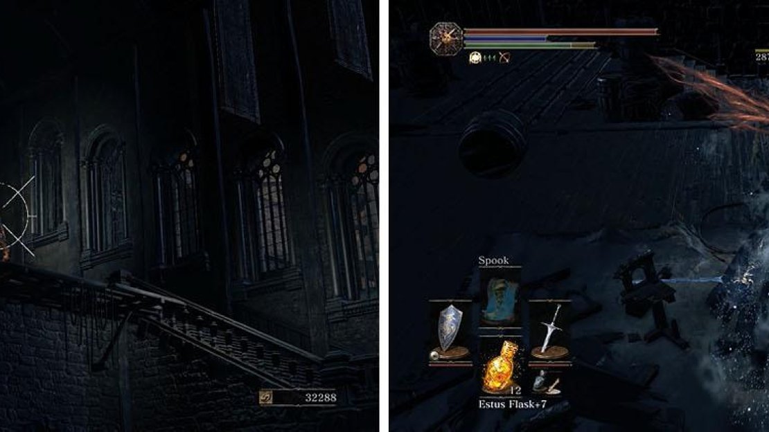 There are hollows preparing to throw firebombs down at you (left) and there are more hollows hiding in the shadows (right).