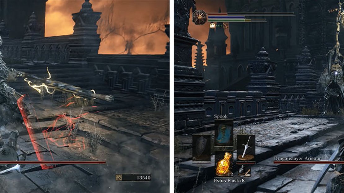 Most of the Dragonslayer’s attacks can be rolled under, but back away when he’s two-handing the greataxe and prepares to slam it into the ground.
