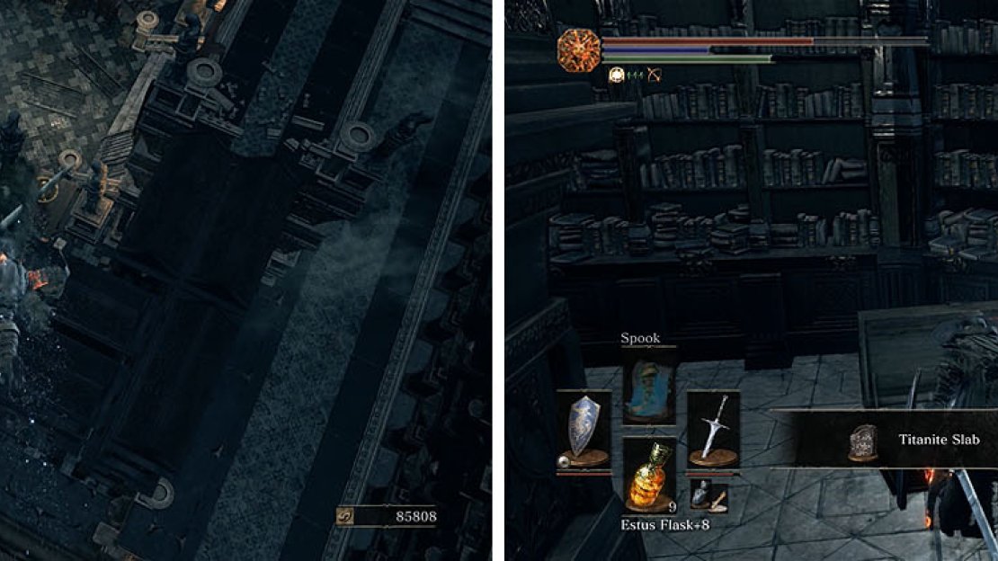 Roll off the ledge to find the Avelyn and then travel back up, grabbing the Titanite Slab behind the bookshelf that was moved.