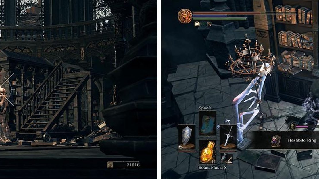 Clear the library of Scholars and then head upstairs to grab the Fleshbite Ring.