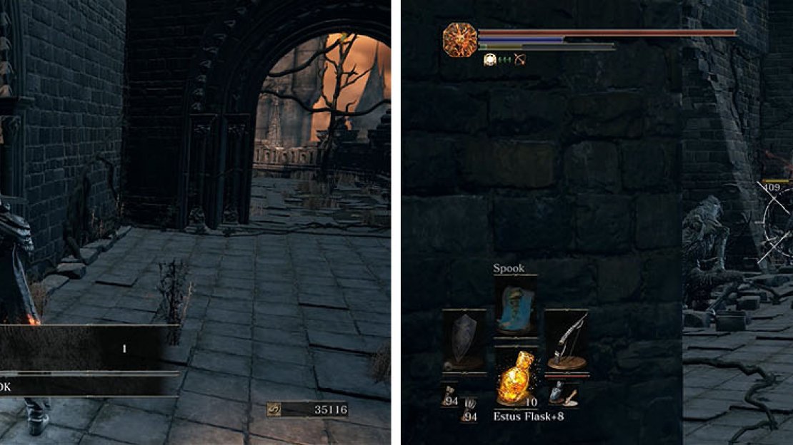 Drop off the rooftop to a ledge with the Hollow Gem (left) and then focus on the Storyteller around the corner first (right).
