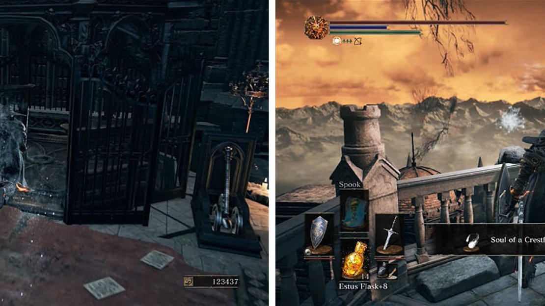 The lift ahead leads back to the beginning of the Grand Archives (left). You can then head up the stairs to reach the top of the building (right).