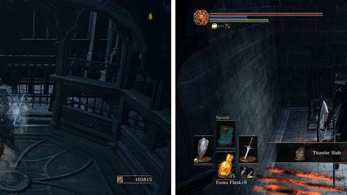 Switch platforms and take the lift all the way down to find a hidden Titanite Slab.