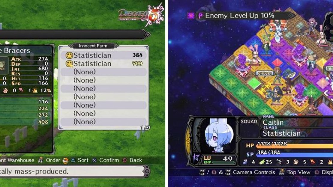 You can either use the Innocent Farm (left) to grow a stack of Statisticans, or go hunting for them yourself in the Item World (right).
