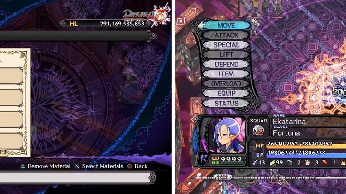 Three Carnage Elixirs in the Curry Shop (left) will give you enough HP to shrug off the 20 million damage you receive (right) when you bring a character out of your base.