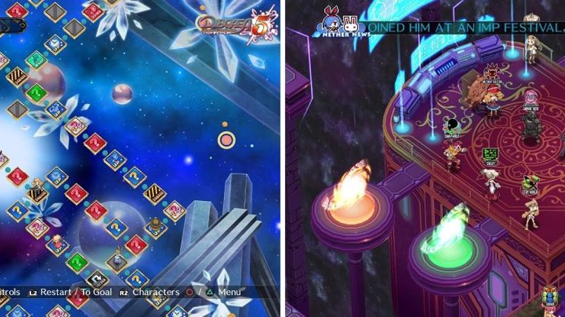 Chara World is played out like a board game in this iteration (left). One benefit from the Netherworld Edit Shop is having all of the NPCs in one spot (right).