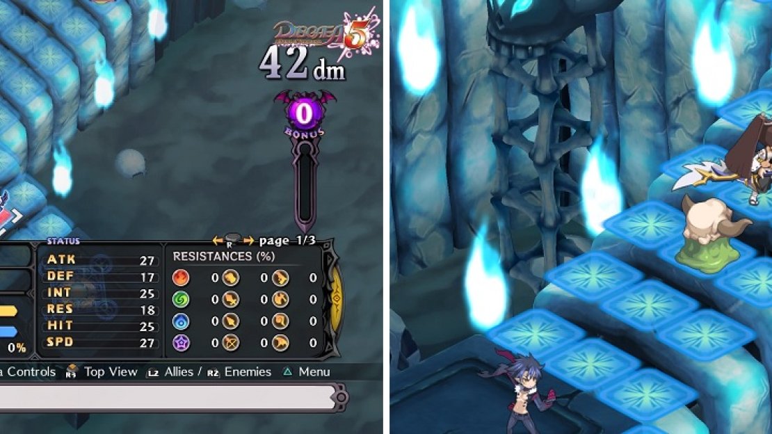 Toss the Geo Symbols onto the panels (left) to help your ascent to the top. You will want some defensively-strong characters here to deal with the enemy attacks (right).