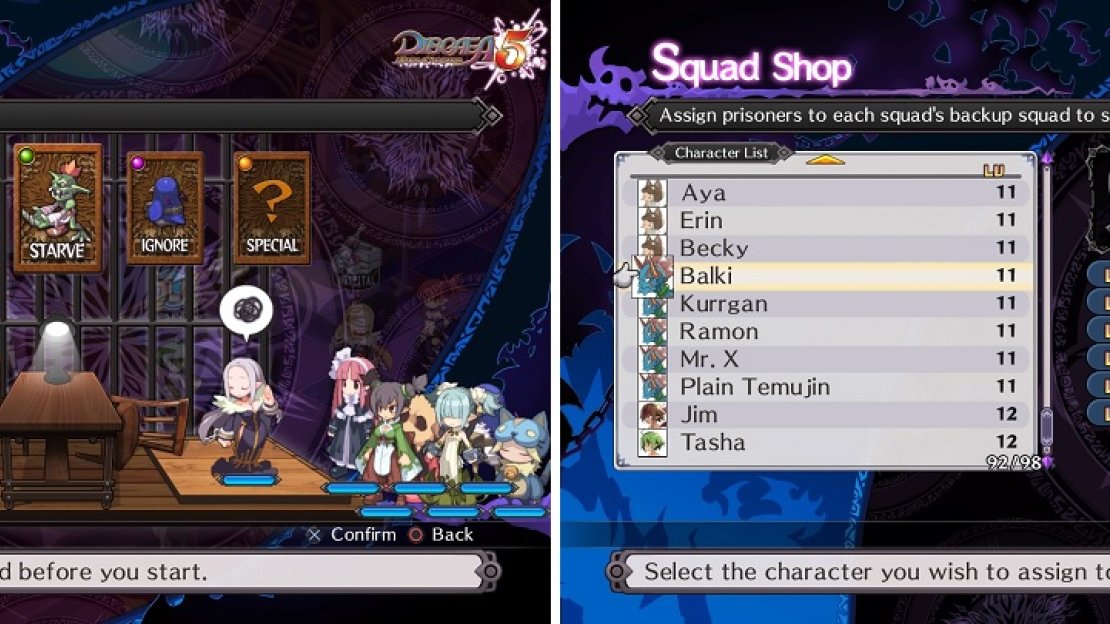 Have your strongest characters in the Interrogation Squad before interrogating prisoners (left). Use your prisoners to level up your Squads (right).