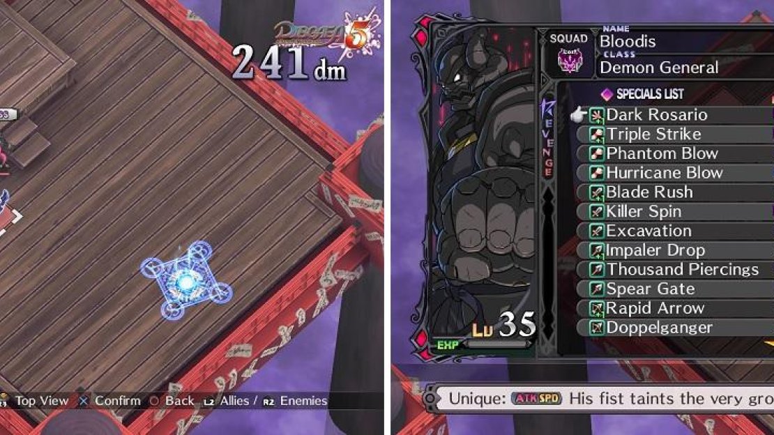 Bloodis’ Evility limits your movement to one panel when you’re close enough (left). Although he has access to many skills, he can only use his Unique and Fist skills (right).