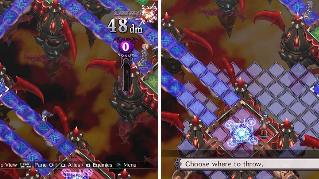The lovely Armor Knights and their defensive nature return (left). You can toss a character to the Recovery symbol to get rid of it (right).