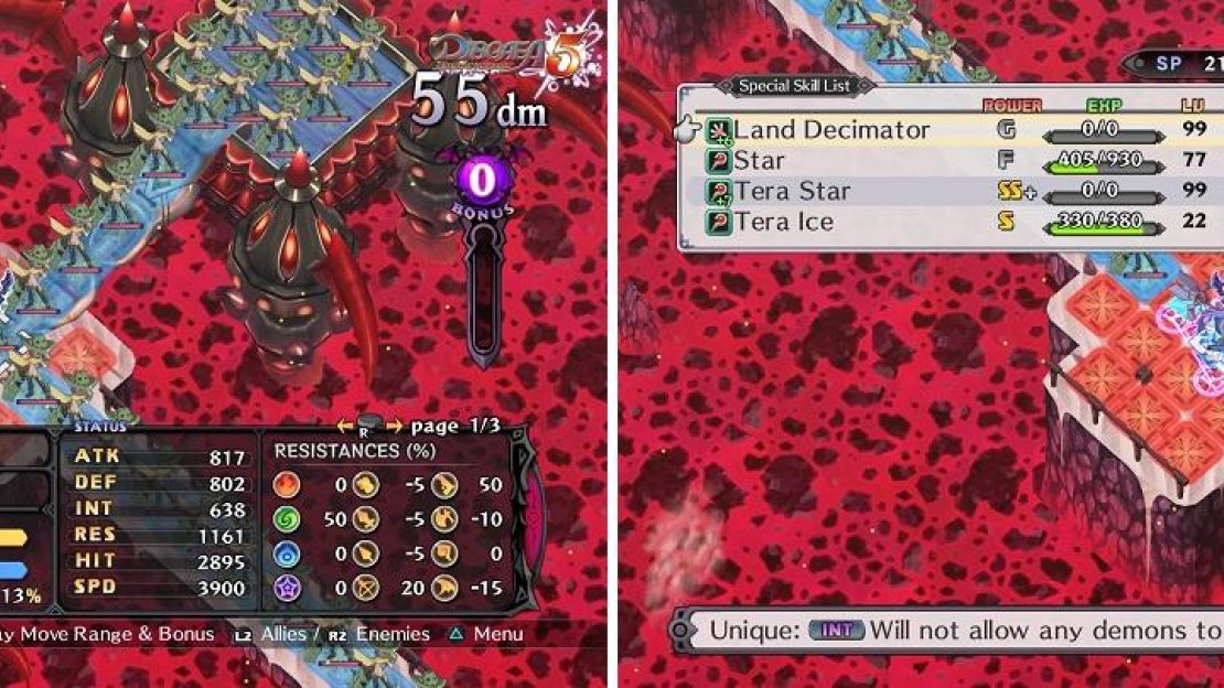 All of the Hitmen have 1 HP each (left), so a skill like Land Decimator that hits everyone is useful here (right).