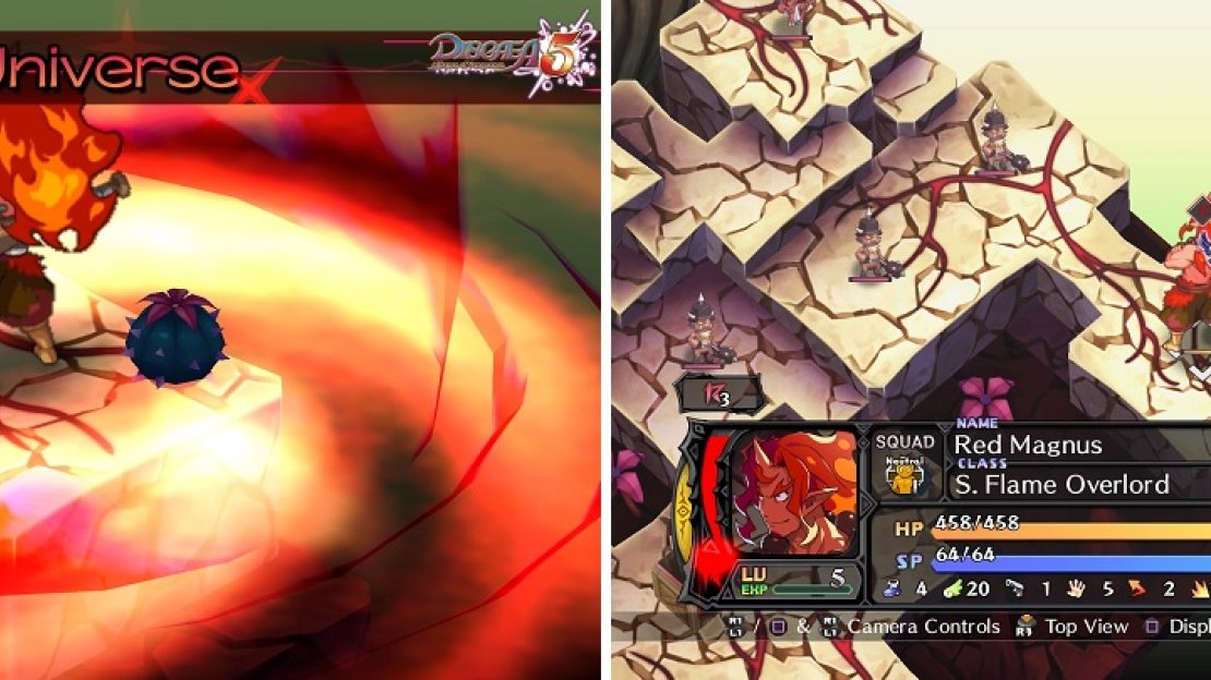 Overloads (left) are another important mechanic in Disgaea 5. Red Magnus is quite powerful in his Overload state (right), so avoid going near him.