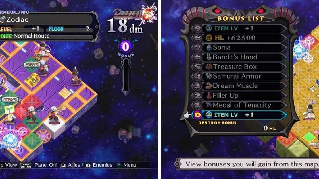 The layout for Item World (left) is completely random. You have to clear the stage in order to level the item now (right).
