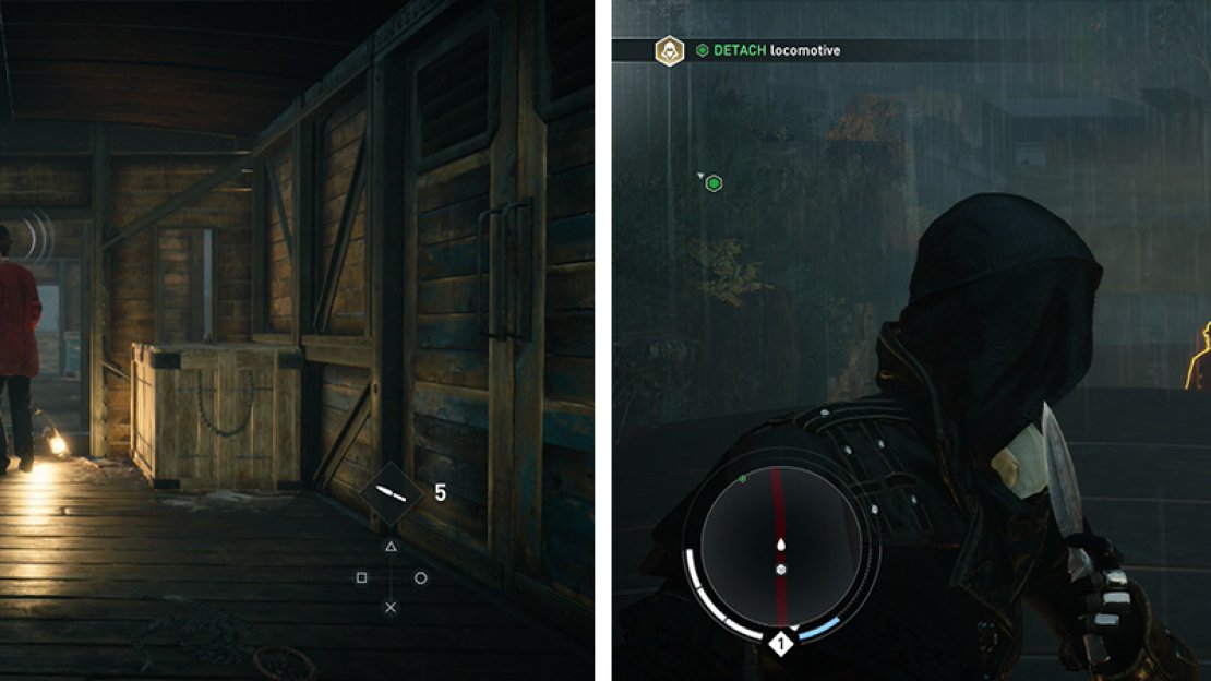 Use whistle to lure enemies into assassinations (left). Head shots with the throwing knives will kill most enemies (right).