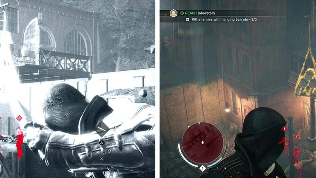Use the hanging barrels to kill enemies below.