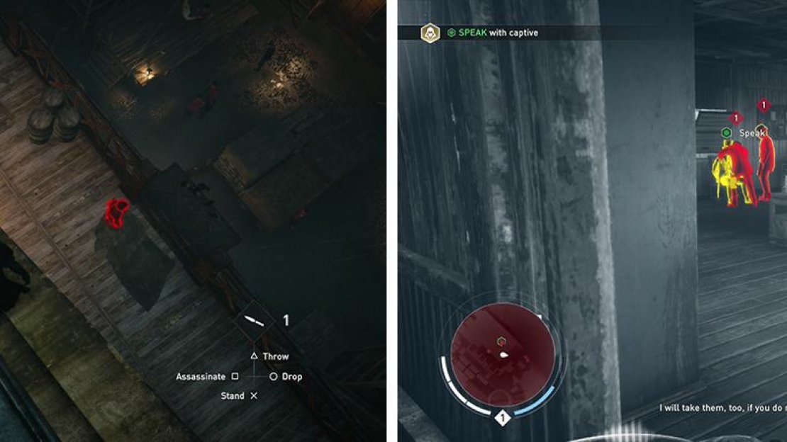 The easiest entry is via a balcony on the eastern side of the building (left). Find the target inside and kill his captors (right).
