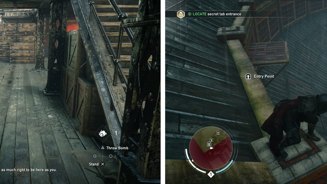 After pickpocketing the key (left) make your way over to the building with the secret lab (right).