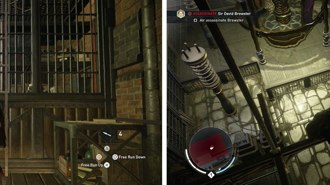 Climb to the top of the room (left) and air assassinate the target from one of the girders (right).