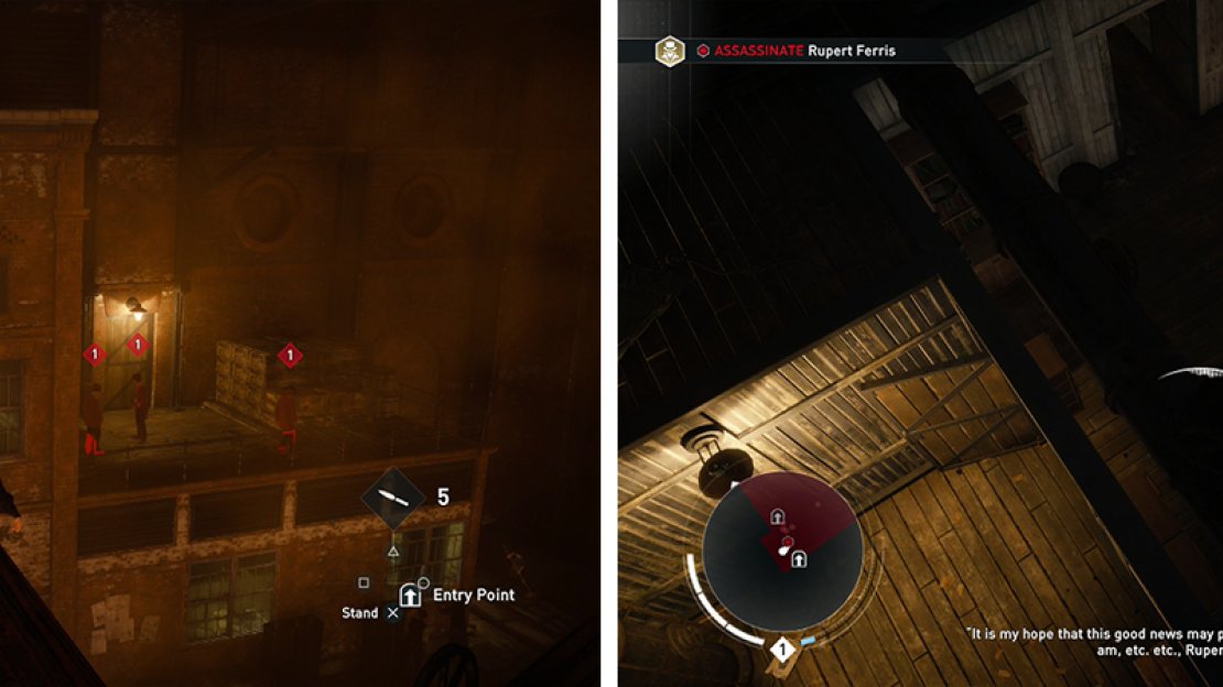 There are several entrances to the target’s room (left), Entering from the top allows you to perform an air assassination (right).
