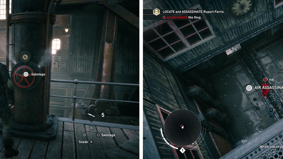 Disable the valves around the room (left). Air assassinate the guard that appears below (right).