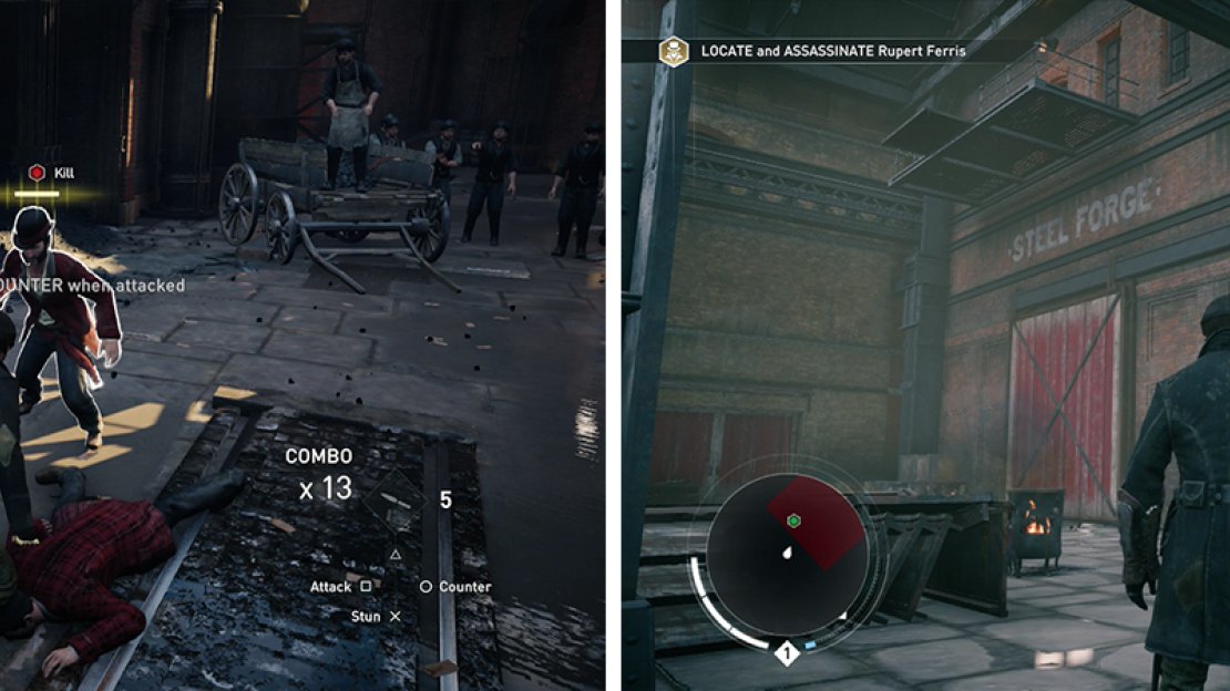 Hit the counter button when the enemy health bars flash yellow (left). You can enter the factory via the door or the balcony above (right).