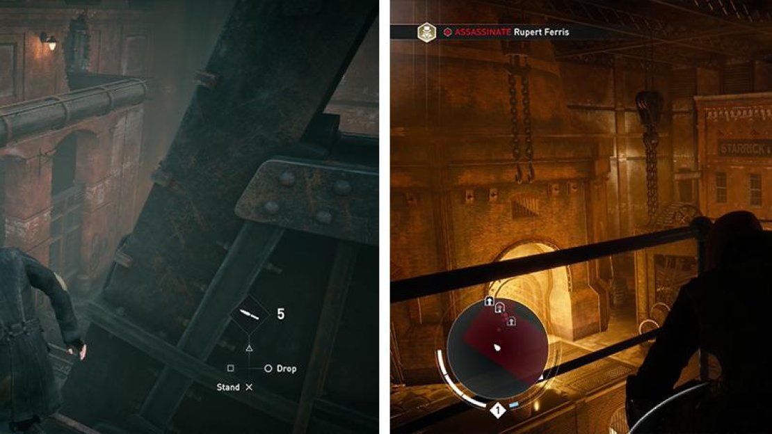 The pipe at the top of the room is the sneakiest way in (left). Keep moving through the foundry until you reach the room with the target (right).