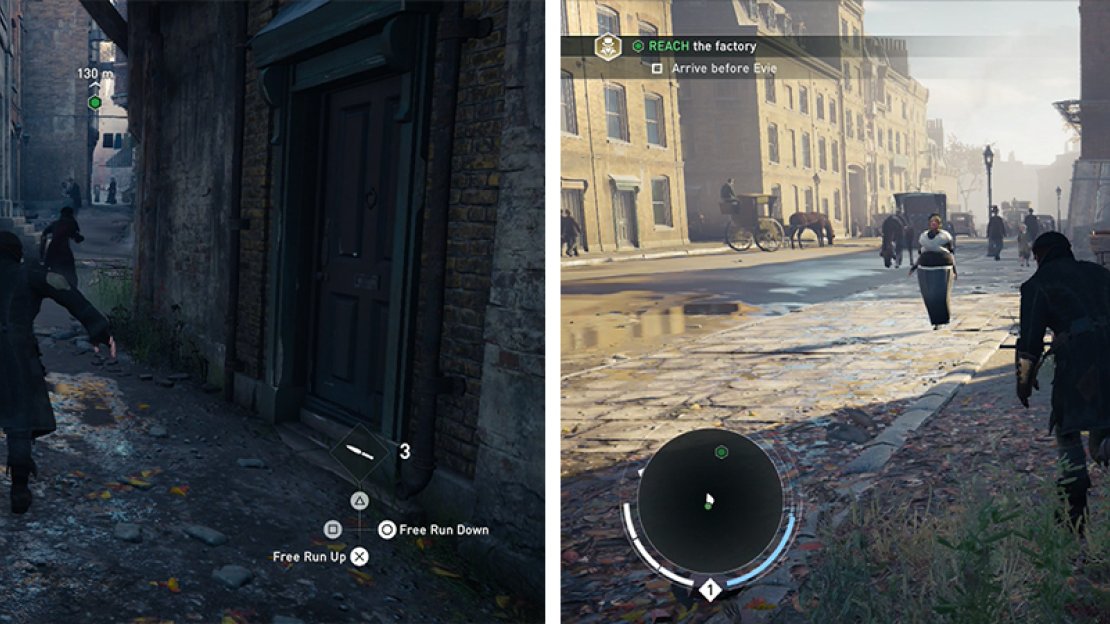 Race Evie to the next waypoint (left). Use the slanted flatbed pictured to take a shortcut up the target building (right).