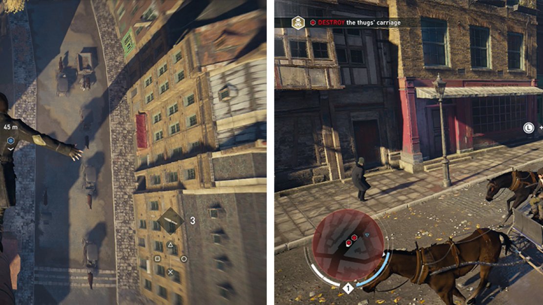 After syncronising dive into the haystack below (left). During the ensuing cart chase practice your vehicle combat to deal with pursuers (right).