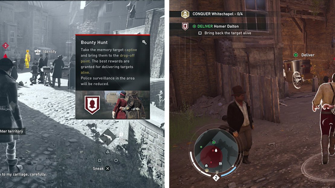 Use Eagle Vision to identify the target (left). Kidnap the target and march him to a nearby cart (right).