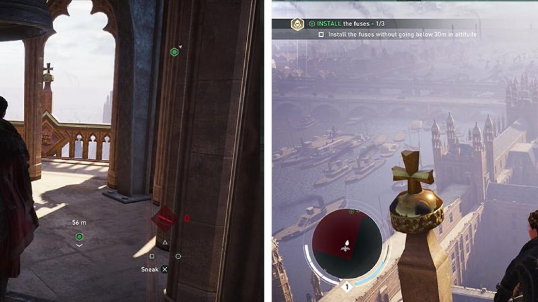 You’ll need to disable three fuses (left). Use the rope launcher between the spires to stay above 30 meters (right).