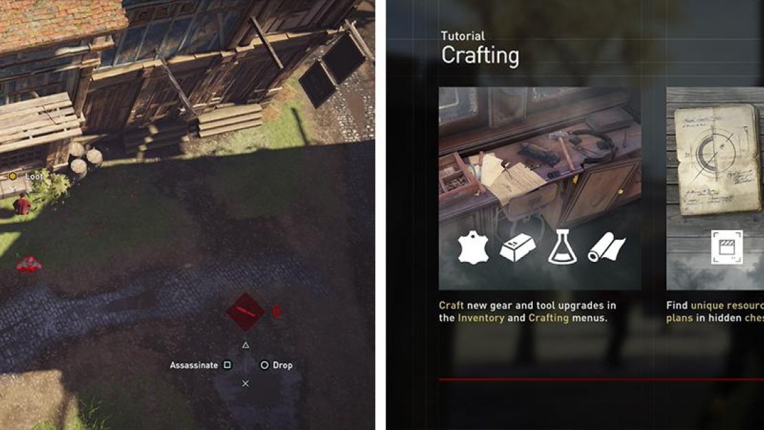 Be sure to air assassinate an enemy from the zip line (left). Use the crafting menu to upgrade the Smoke Bombs (right).