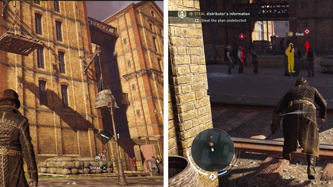 Run through the side alley (left). Sneak up and pickpocket the plans from the target (right).