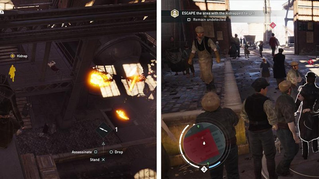 Use Eagle Vision to locate the target (left). Once you have kidnapped him, escort him out of the factory (right).