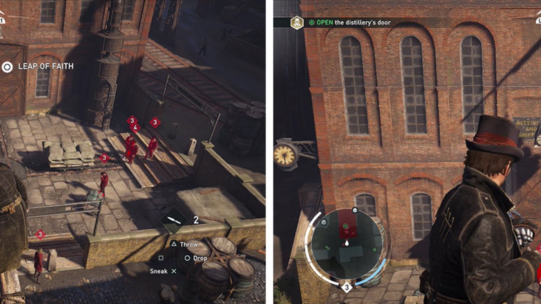 There are multiple enemies at the entrance (left) wait for them to gather beneath the barrels to kill three at once (right).