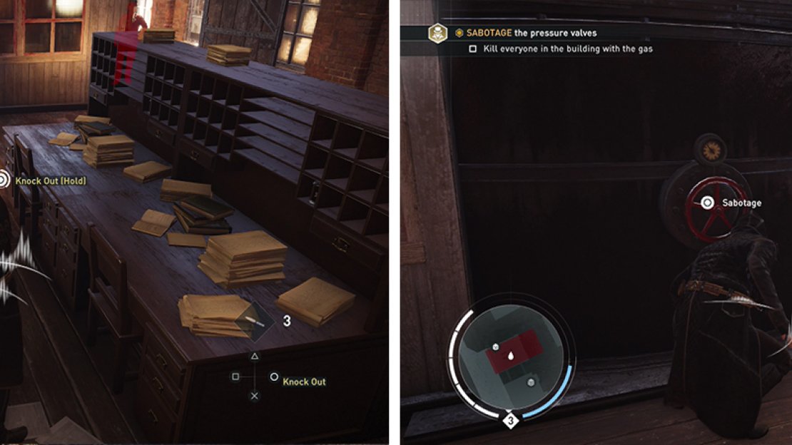 Choking out guards will not count against the optional objective (left). Our goal is to sabotage all four valves in the building (right).