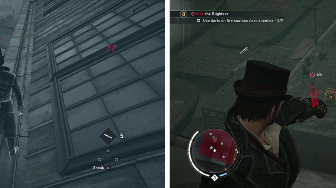 Use Eagle vision to identify the targets (left). Use the darts to affect the enemies (right).