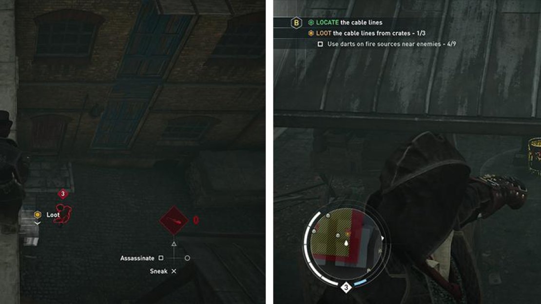 You’ll need to examine three chests (left). Using the darts effectively to create distractions (right).