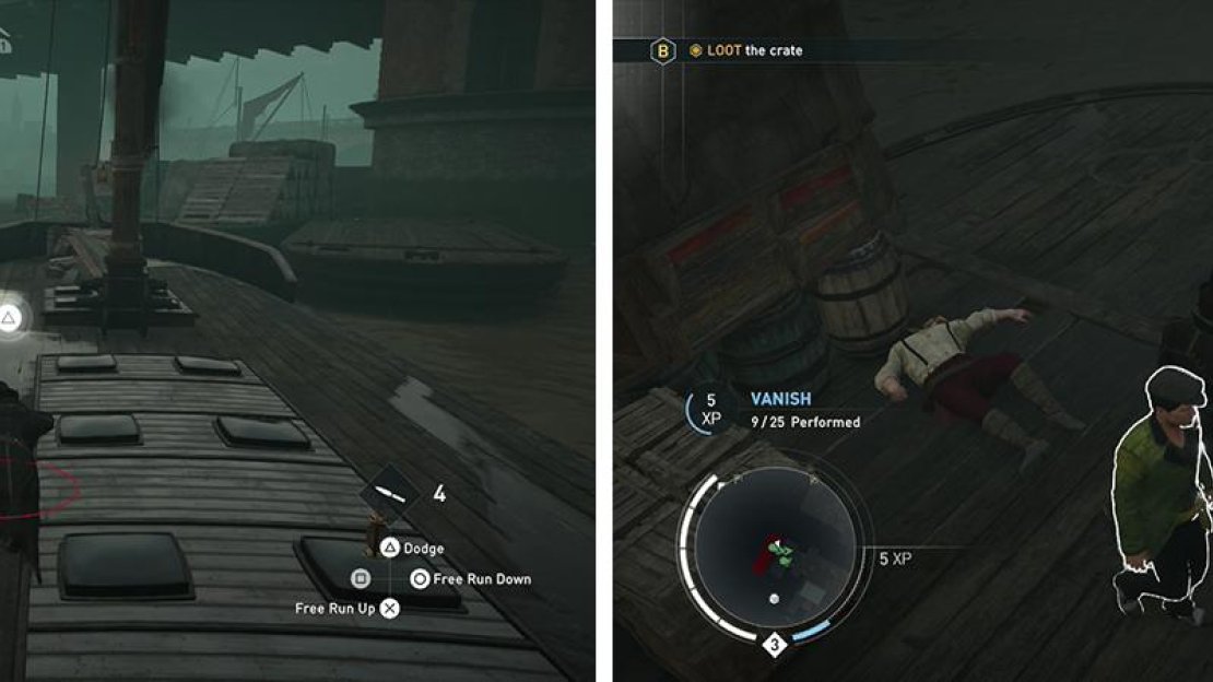 Chase the boat along the docks (left). Kill those aboard before looting the chest (right).