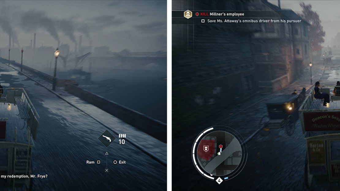 Cross the bridge (left) and then take out the hostile carriage attacking the onmnibus (right).