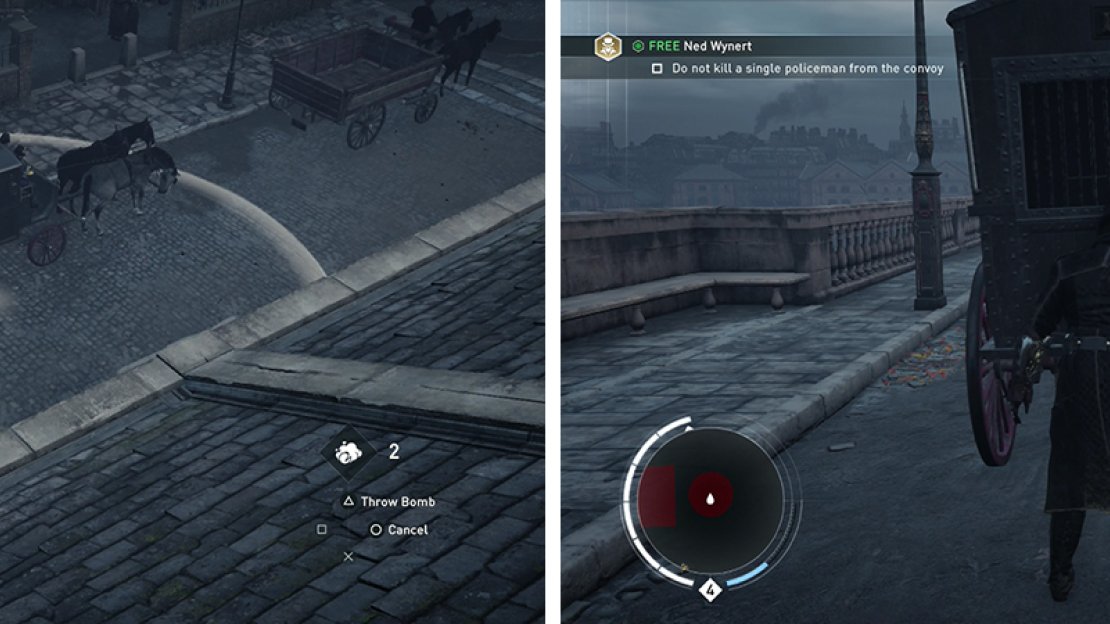 Spooking horses with smoke bombs (left) is a good way to seperate the target from the escort. Approach the wagon undetected (right) to continue.