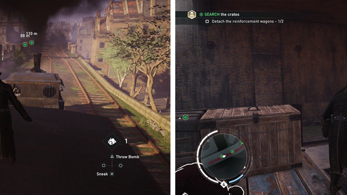 Board the train (left) when you are able. As you move along it, disconnect the reinforcement cars (right).
