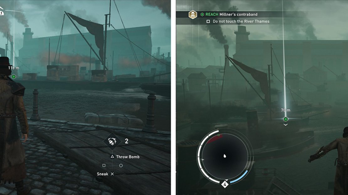 We’ll need to cross the river to reach the objective (left). The easiest way is to use the Rope Launcher between ship masts (right).