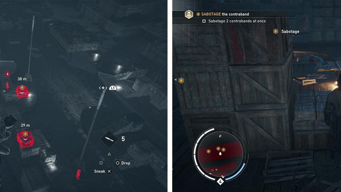 We need to destroy the contraband (left). After clearing the guards, place the explosive crates as such (right) to destroy two at once for the optional objective.