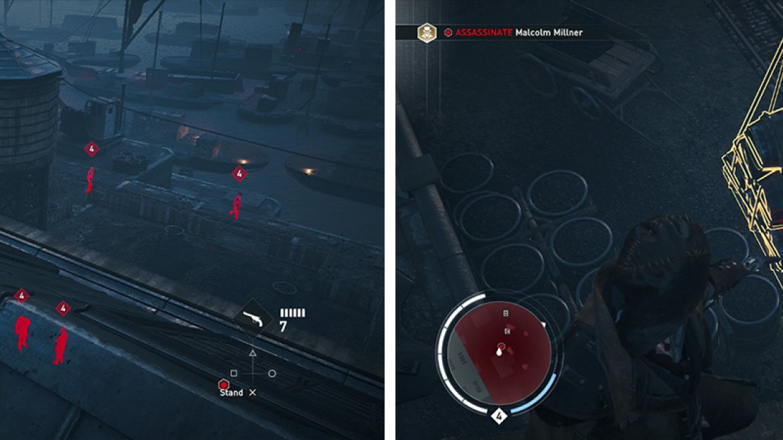 The area is heavily guarded so its best to assassinate from a rooftop (left). You can also use hanging barrels (right) to kill the target.