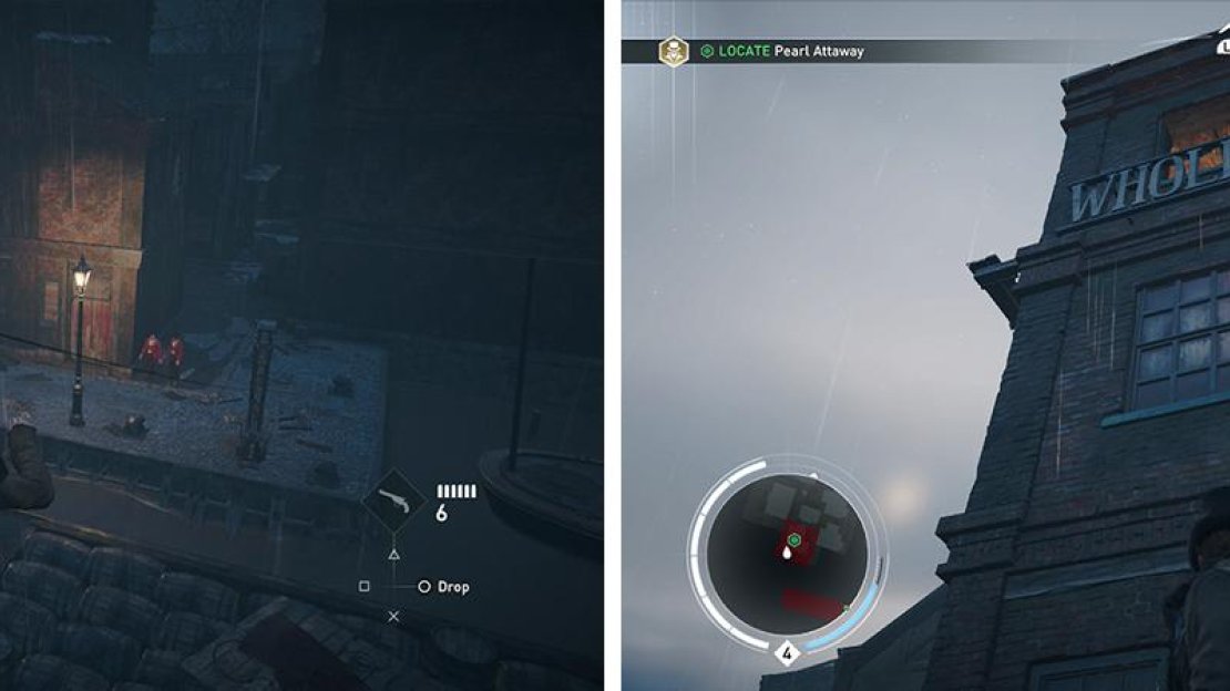 Return across the river (left) and enter the target building through the open window (right).